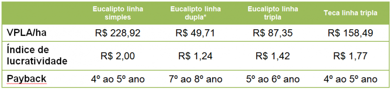 Apesar de abranger maior área para a pecuária, a utilização da Braquiaria ruziziensis nesse tratamento reduziu a produtividade, fazendo com que os indicadores ficassem menores do que o do tratamento com linhas triplas.