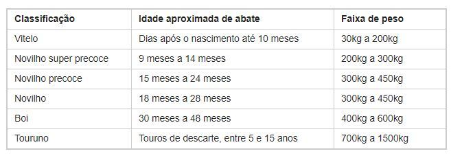 tabela classificação de animais para abate