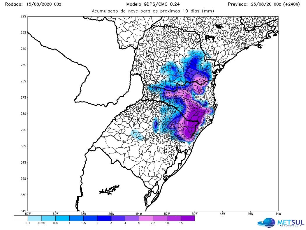 Saída da 0Z de sábado do modelo canadense indicando muita neve em Curitiba e até na divisa com São Paulo