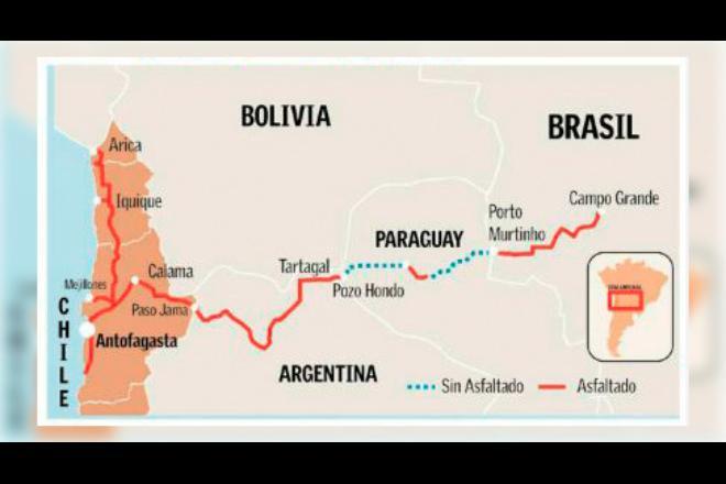 Trajeto co corredor Bioceânico, rota que encurtará as exportações e aumentará a circulação de produtos de alto valor agregado em MS