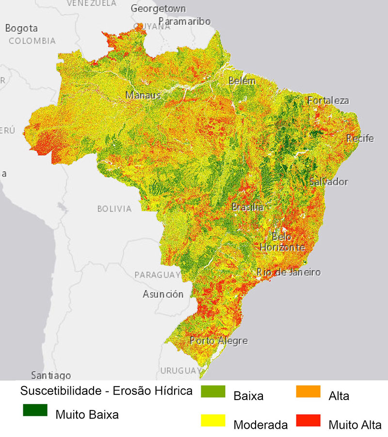 mapa da suscetibilidade dos solos à erosão hídrica do Brasil expressa a sensibilidade dos solos à erosão