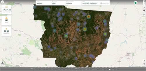 Figura 2. Tela do Dashboard com mapa de calor de alertas (maior pressão de desmatamento) entre 04/01 e 03/02/2021