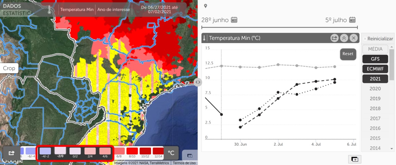 Previsão da temperatura mínima para o Centro-Sul do Brasil / Fonte: Geosys Brasil