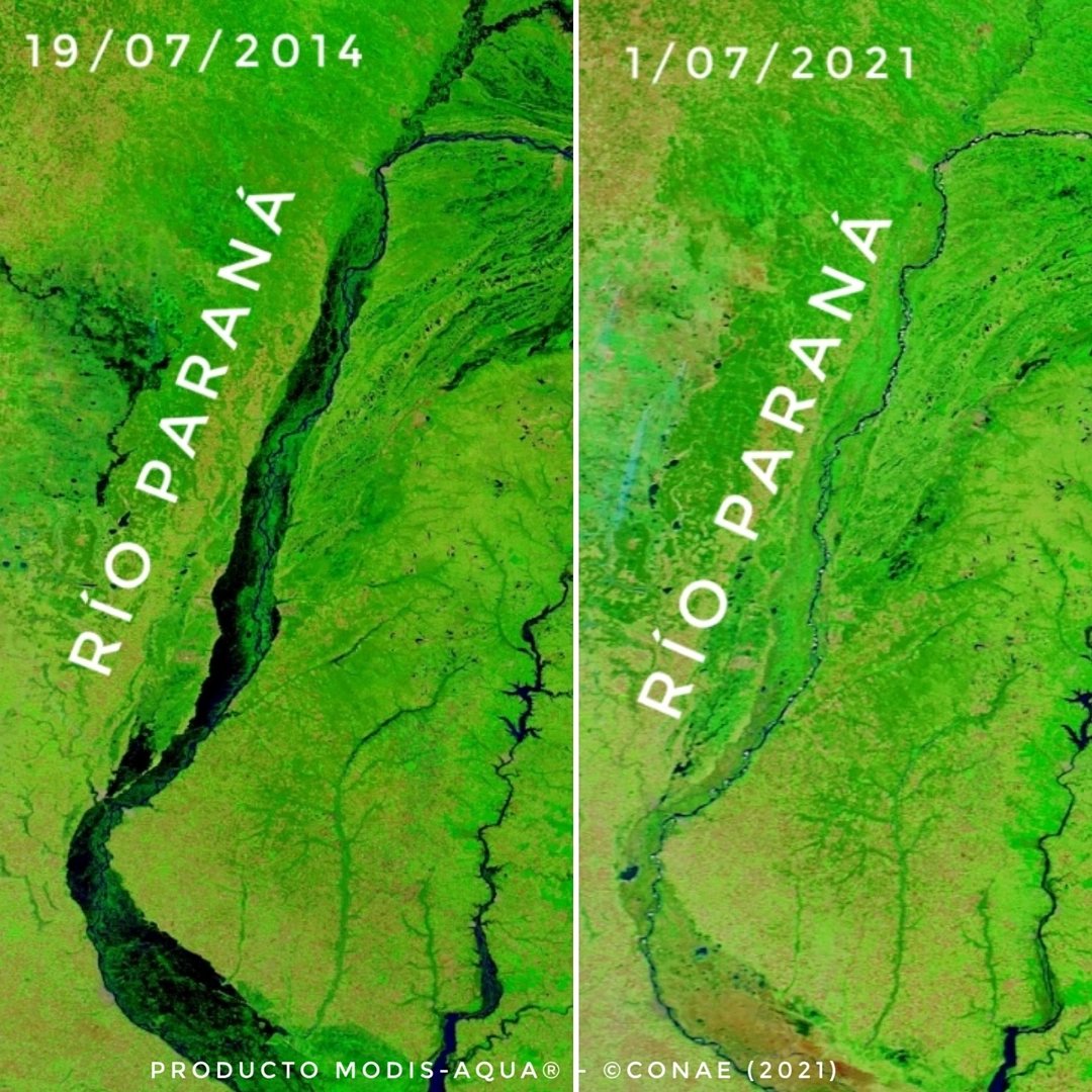 Comparação do rio Paraná em 2014 e 2021. Imagem: Conae