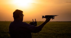 Tecnologia no campo. Drone em plantação de trigo