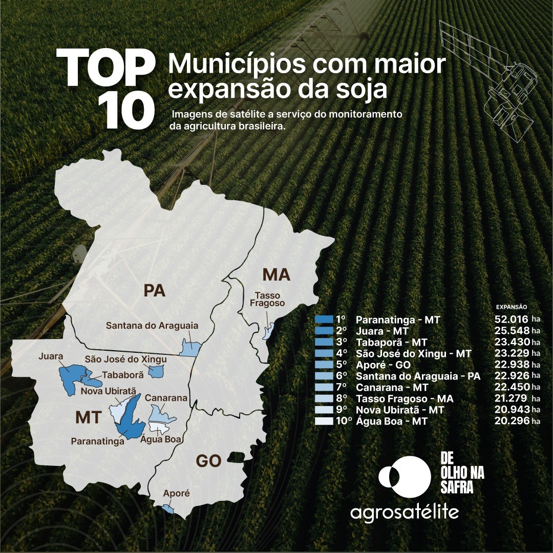 Top10 municípios brasileiros que tiveram maior expansão na área de soja entre as safras