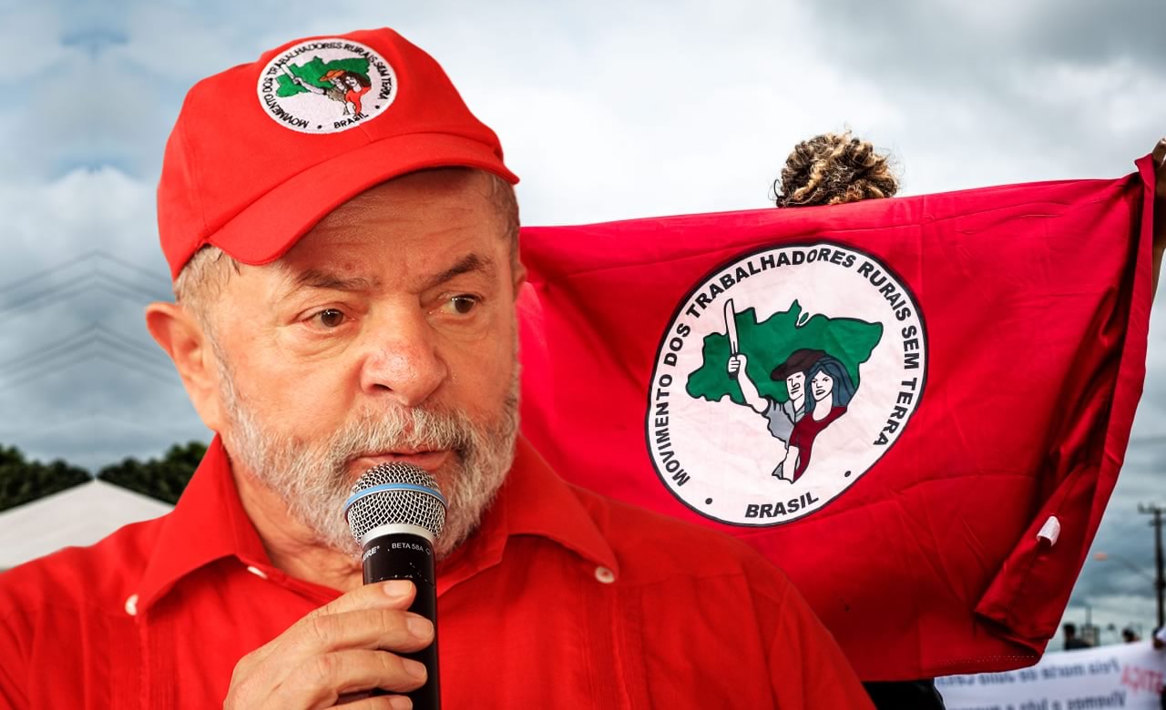 presidente lula com o bone do mst - bandeira do moviment ao fundo