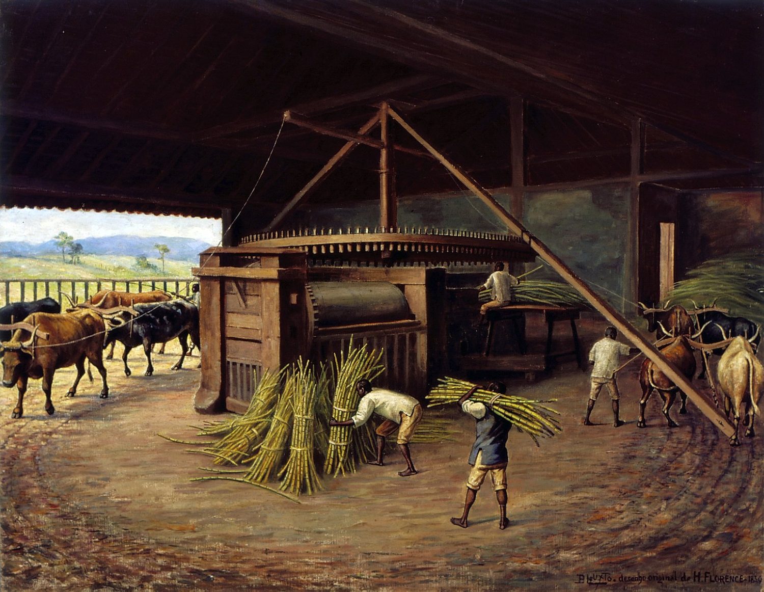 Moagem de cana-de-açúcar na Fazenda Cacheira, em Campinas. Benedito Calixto (1853–1927)