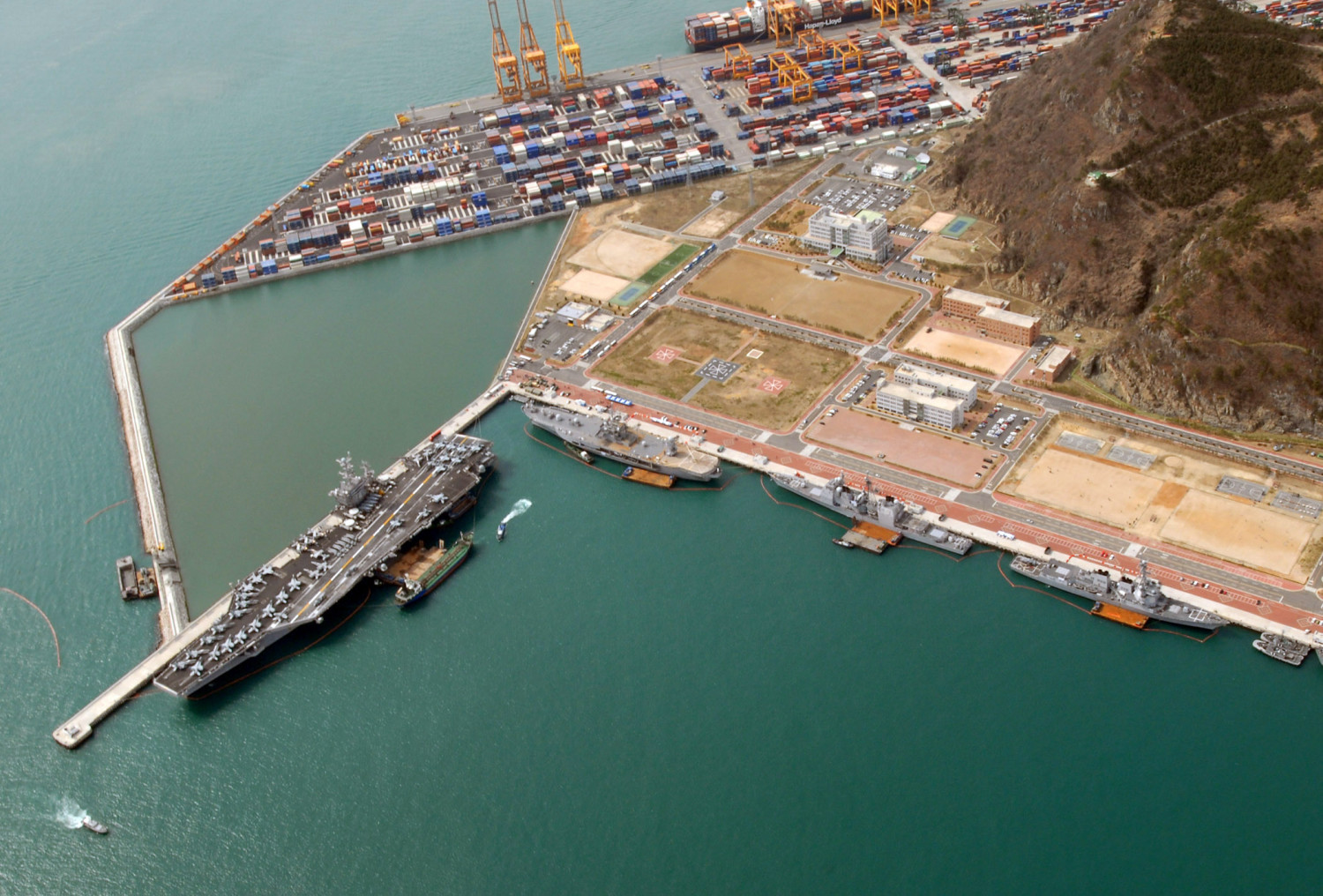 Part of Port of Busan container terminal and the Naval base Oryuk-Do