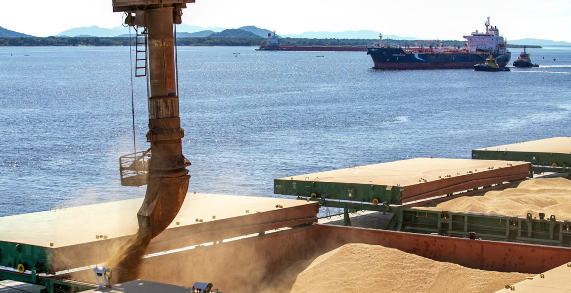 exportacoes de soja via porto - navio de soja sendo carregado - soja exportada