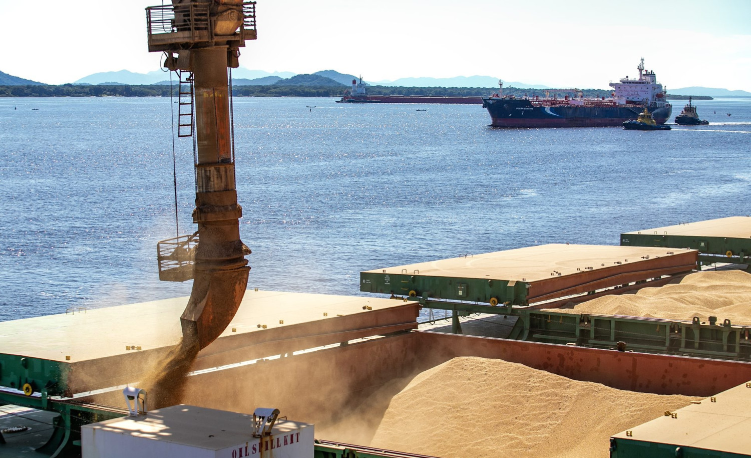 exportacoes de soja via porto - navio de soja sendo carregado - soja exportada