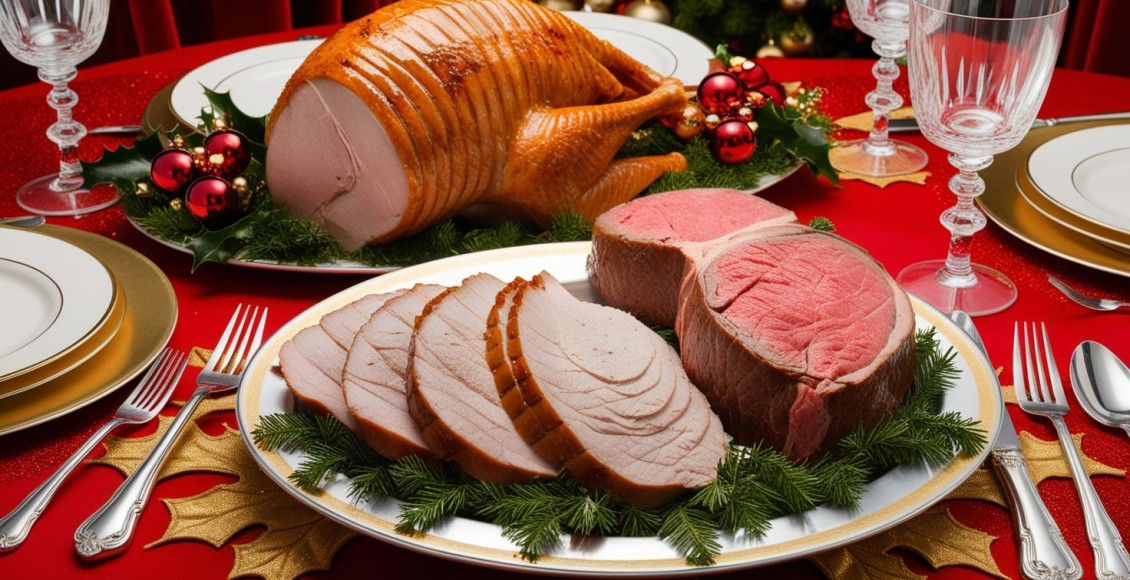carne Chester, carne peru e carne tender em uma mesa posta de natal (1)