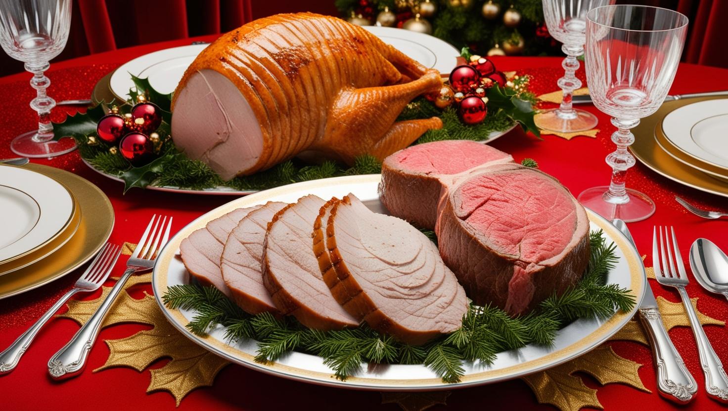 carne Chester, carne peru e carne tender em uma mesa posta de natal (1)