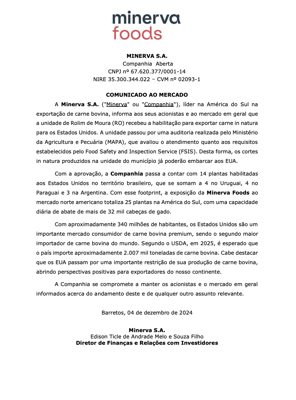 carne bovina para os EUA - Minerva Foods