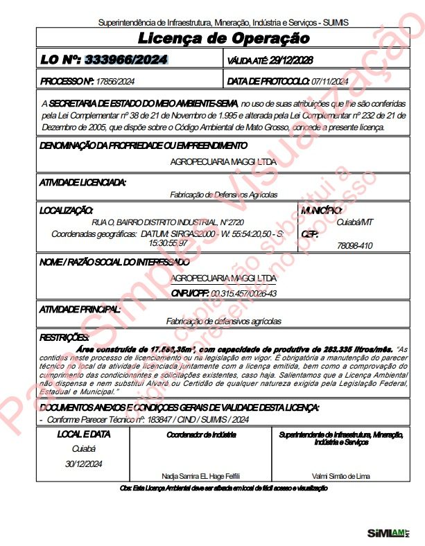 Amaggi recebe permissão da Sema-MT para produzir defensivos agrícolas