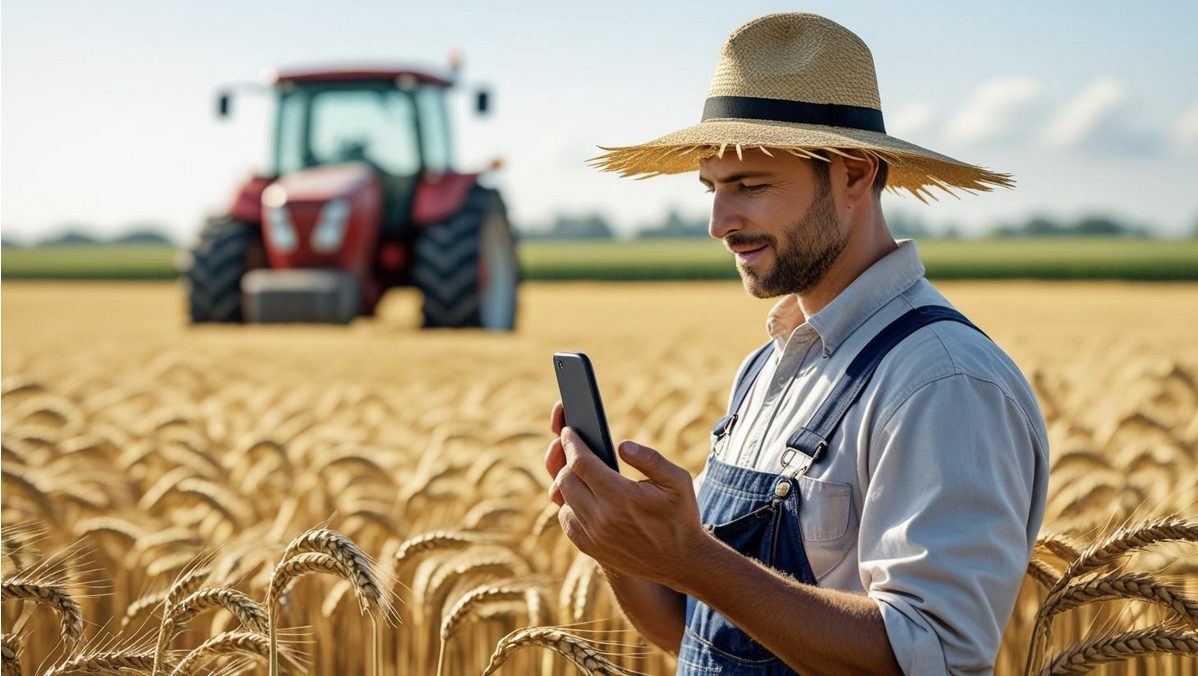 agricultor usando celular com VPN durante operacao de colheita da lavoura no campo