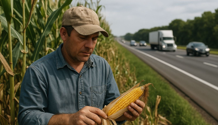 produtor rural colhendo milho nas margens de uma rodovia movimentada