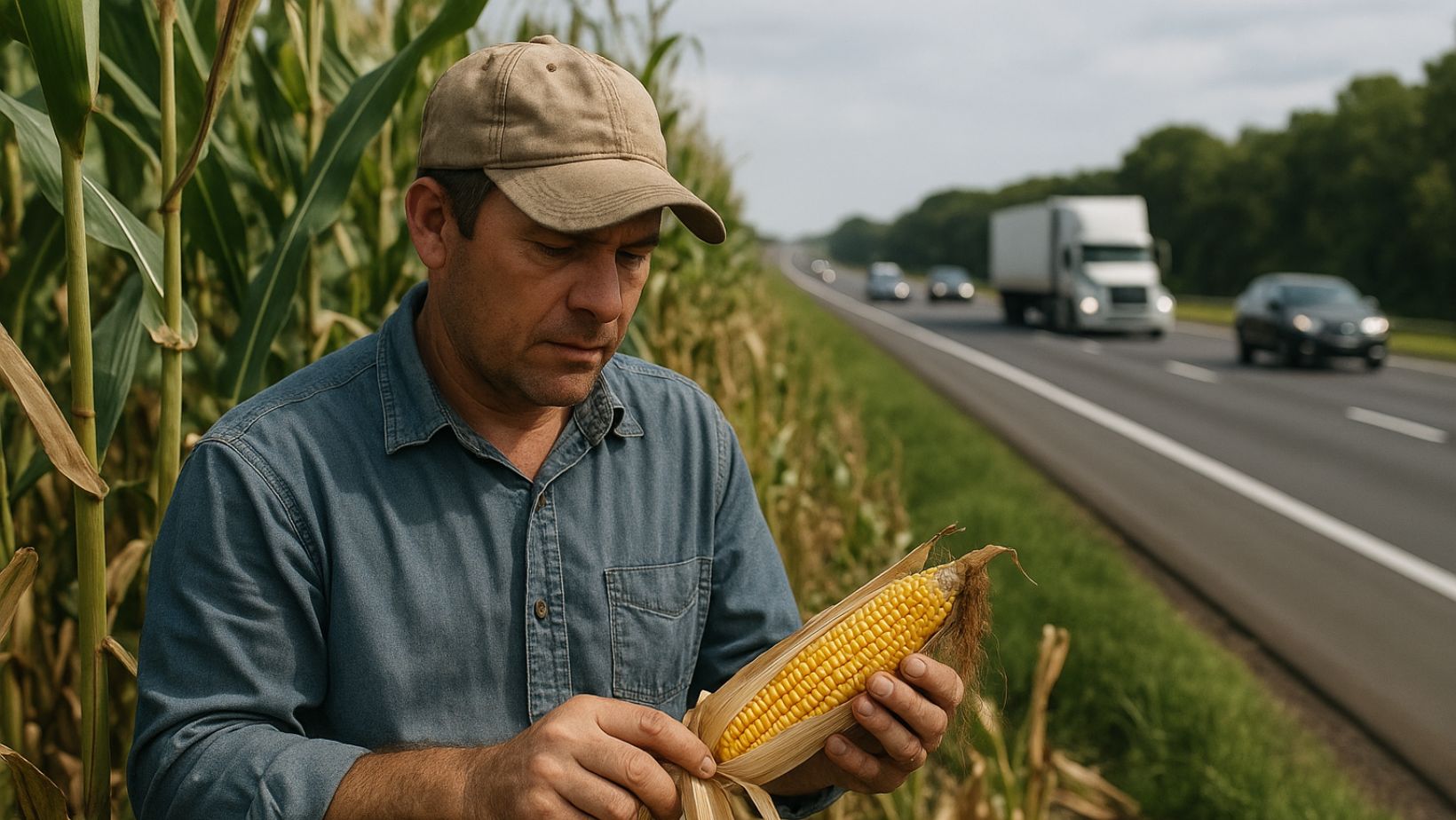 produtor rural colhendo milho nas margens de uma rodovia movimentada