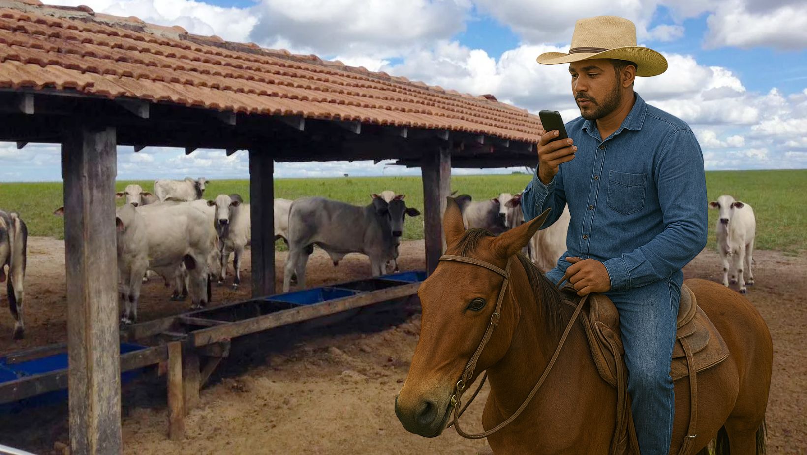vaqueiro usando o FieldData - salgando cocho pecuaria de corte - boiada nelore