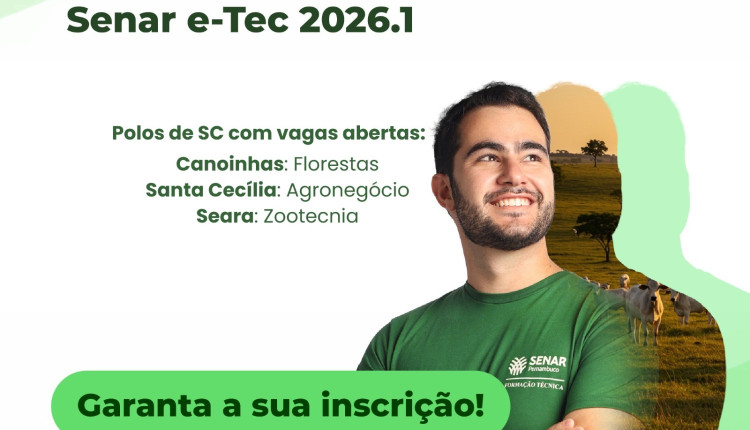 Sistema FAESC/SENAR abre inscrições para Cursos Técnicos gratuitos em 2026