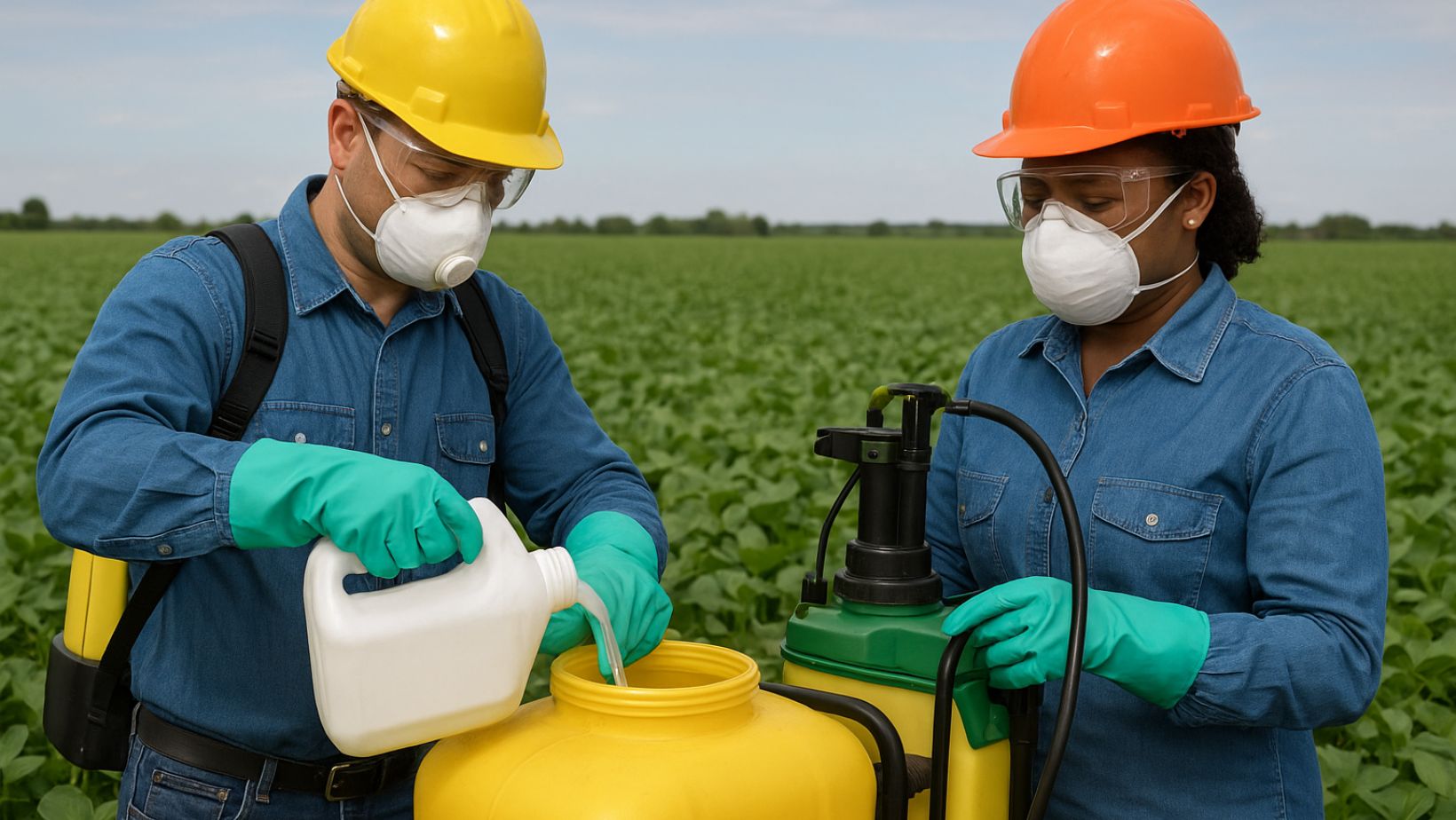 trabalhadores rurais enchendo pulverizador com defensivos agricolas
