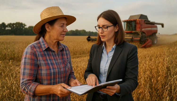 agente financeira apresentado plano de credito rural com juros baixos - ao fundo colheita de soja