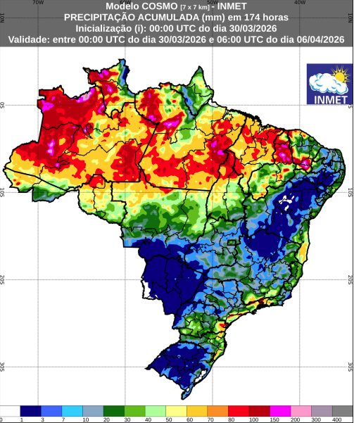 Figura 1: Previsão de chuva acumulada (30 de março a 6 de abril de 2026). Fonte: INMET  