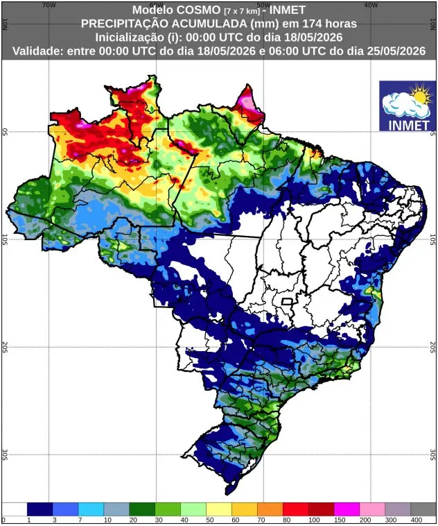 Figura 1: Previsão de chuva acumulada (18 a 25 de maio de 2026). Fonte: INMET.  