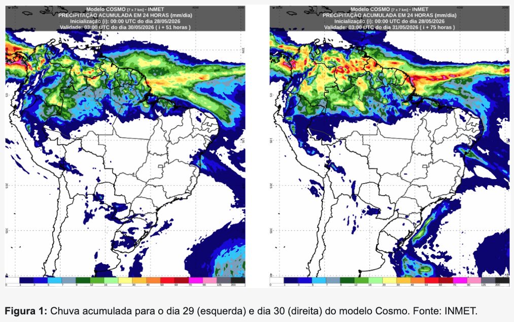 Instabilidades avançam sobre parte do Centro-Oeste, Sudeste e Sul entre sexta-feira (29) e sábado (30), enquanto o Norte segue com os maiores acumulados do país. No Nordeste, a chuva ganha força em áreas do litoral leste, especialmente entre Bahia, Paraíba e Rio Grande do Norte.