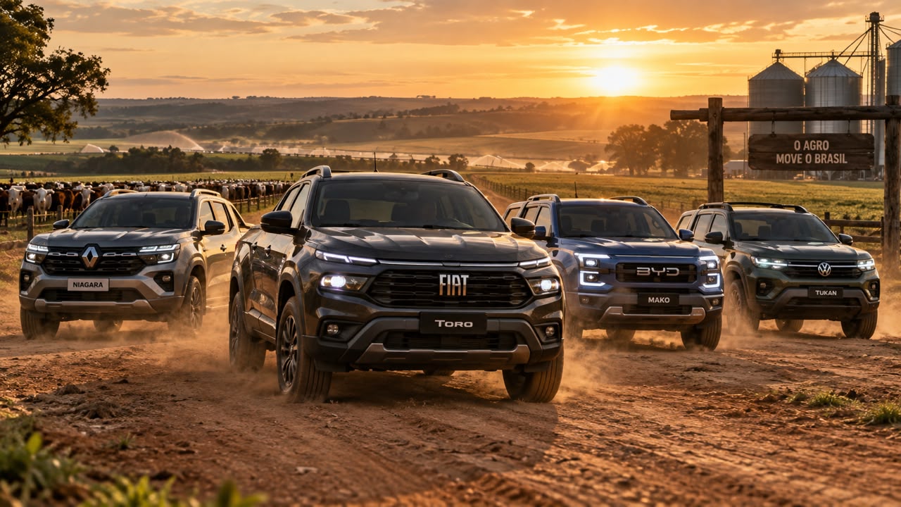 Fiat Toro enfrenta nova ofensiva de picapes com Renault Niagara, BYD Mako e Volkswagen Tukan chegando ao mercado brasileiro.