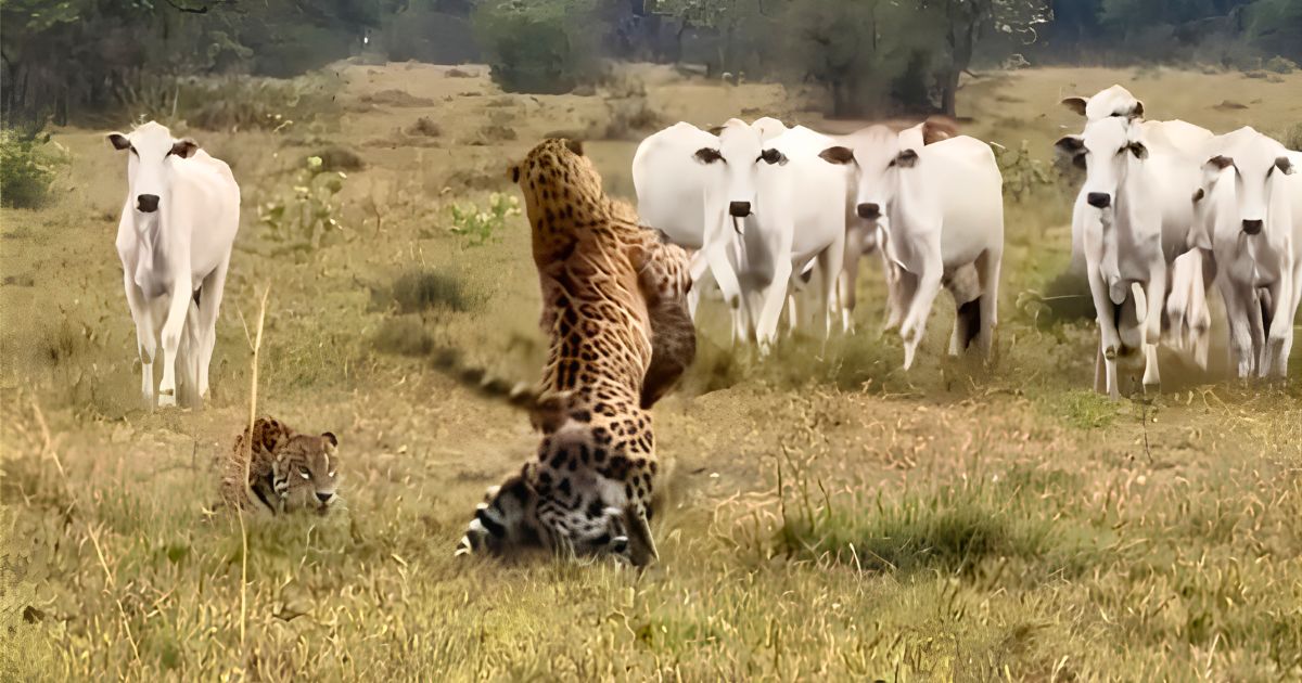Quatro onças aparecem no meio do gado e dois machos entram em confronto no Pantanal