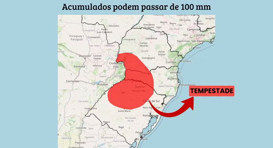 Alerta vermelho coloca Sul sob risco de chuva acima de 100 mm e ventos superiores a 100 km/h